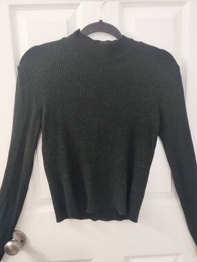 Zara Knit Emerald Green Marled Mockneck Ribbed Fitted Sweater Size L